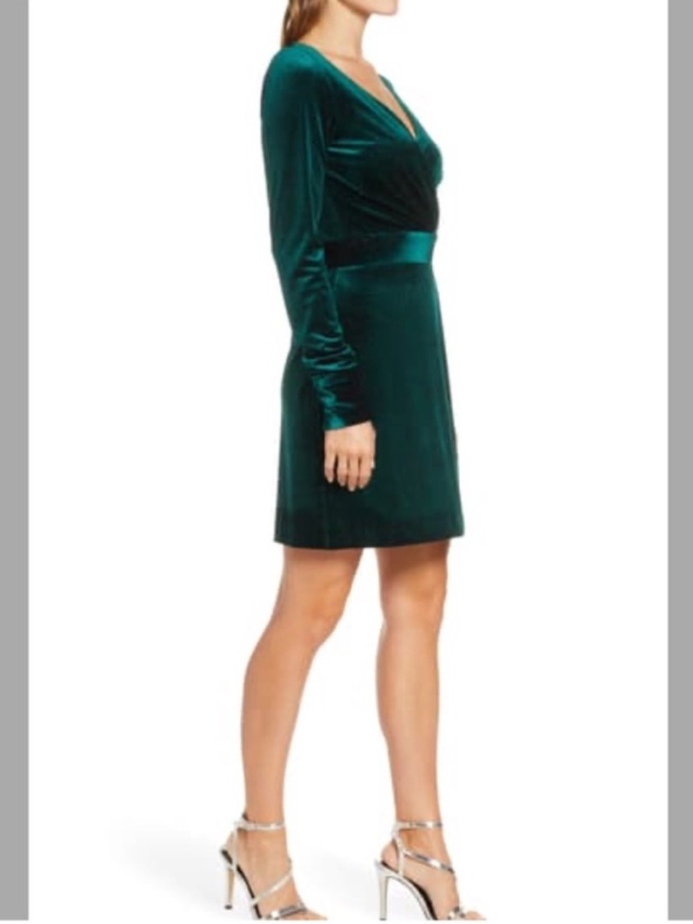 Mark + James Badgley Mischka Green Metallic Velvet V Neck Stripe Mini Dress Sz 4 - Picture 3 of 15